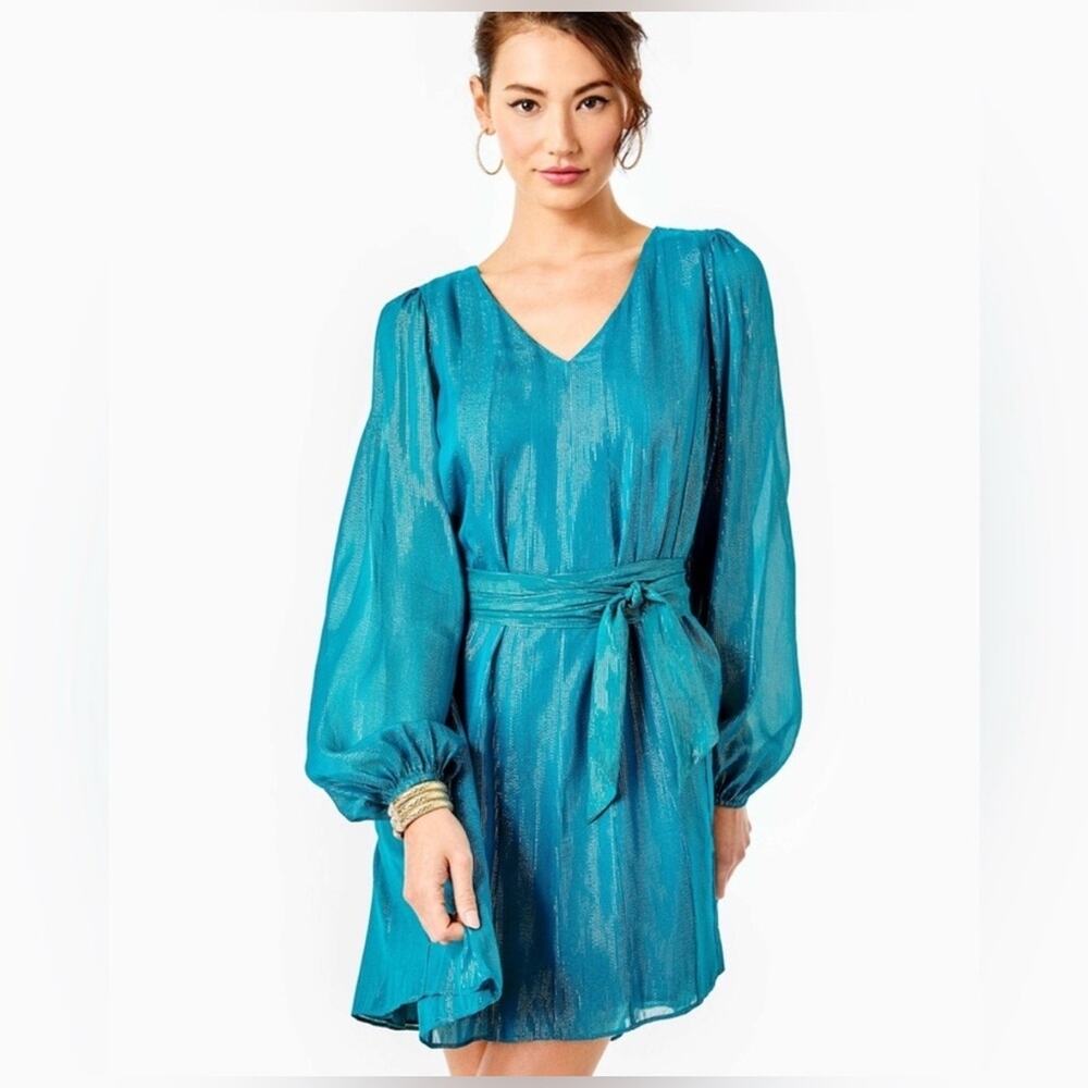 Lilly Pulitzer Kalianna Dress Women S Teal Gold Shimmer NWT Metallic Mini 009304